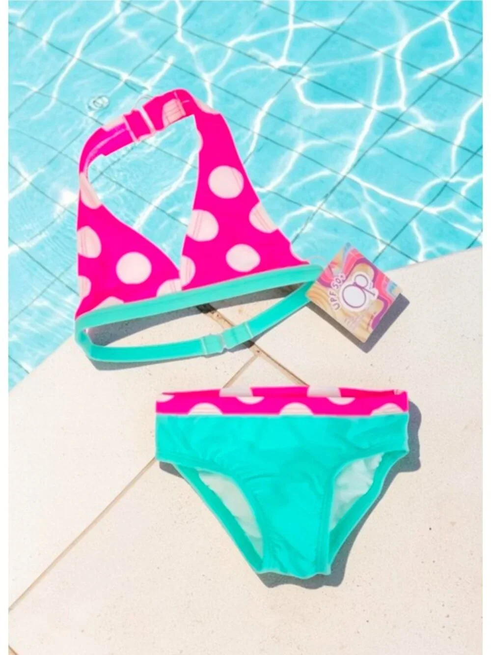 Polka Dot Halter Bikini Set Pink & Aqua Girls Swimwear UPF 50+ Protection